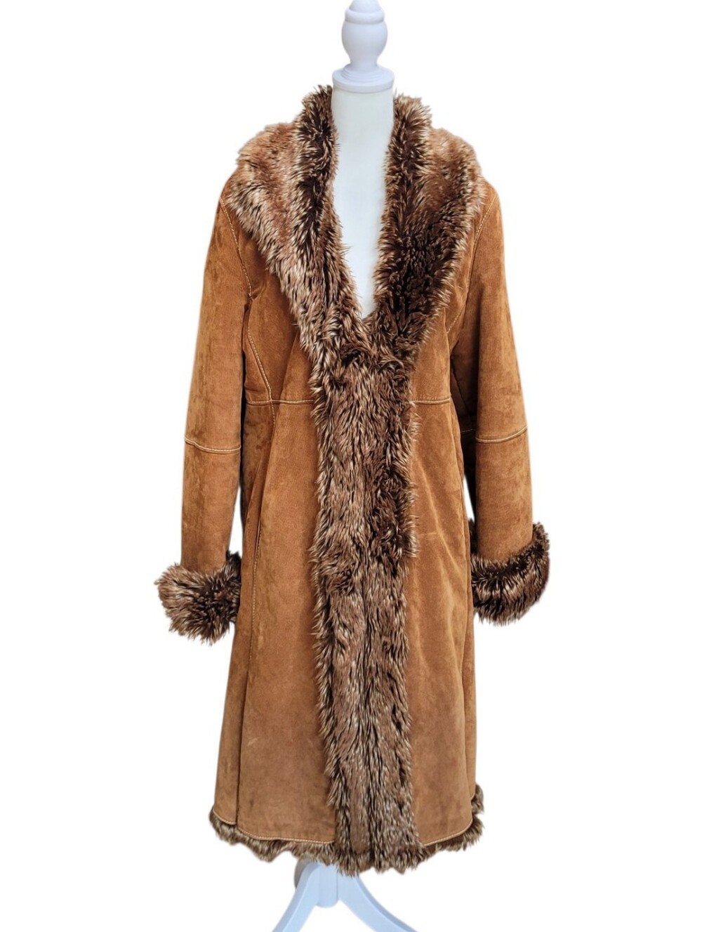 Wilsons Leather Rusty Brown Penny Lane Boho Style Coat with Faux Fur Trim Size L